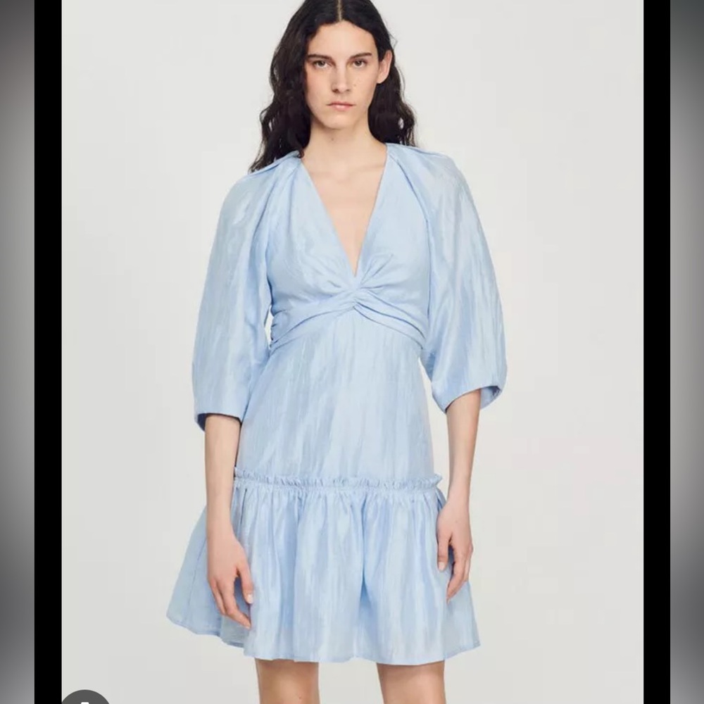 Sandro E23TOURMALINE Tourmaline V-Neck Linen Blend Dress NWT